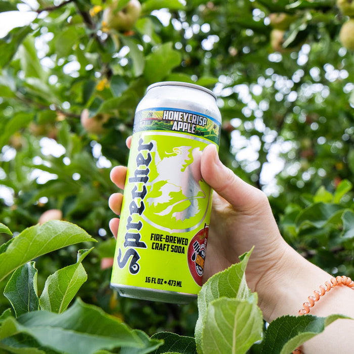 Person holding a can of Sprite with a honey crisp apple flavor against an apple tree background