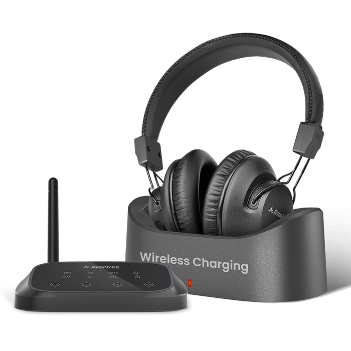 HT5009 Plus Wireless TV Headphones with clearer voice for shared spaces and seniors, supporting optical and AUX inputs with soundbar passthrough.