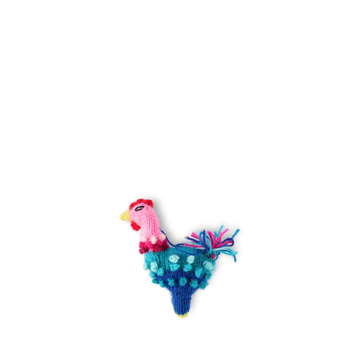 Inspired Peru Knit Chicken ornament in blues and pinks