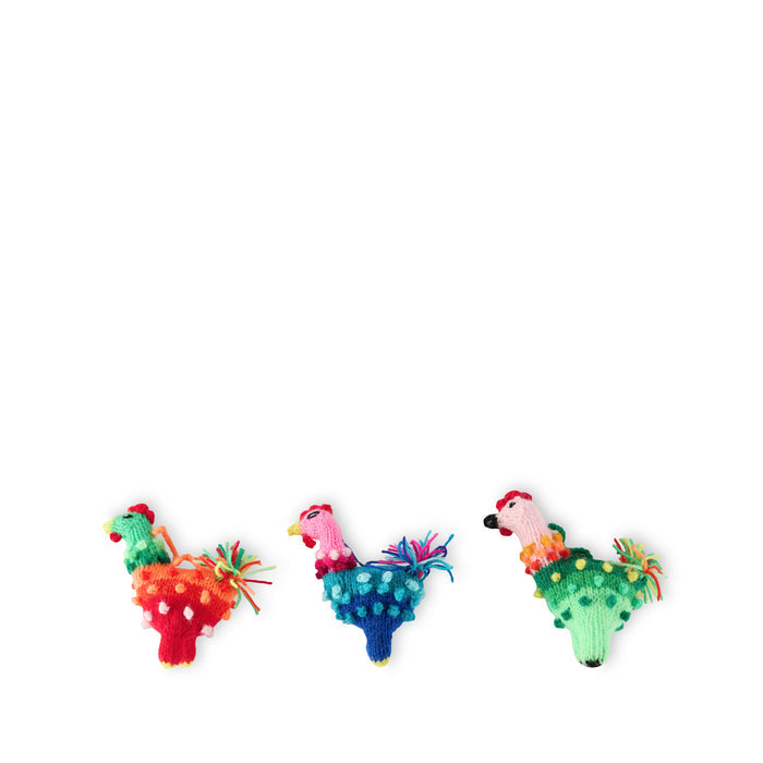 Group of three Inspired Peru Knit Chicken ornaments in various colors