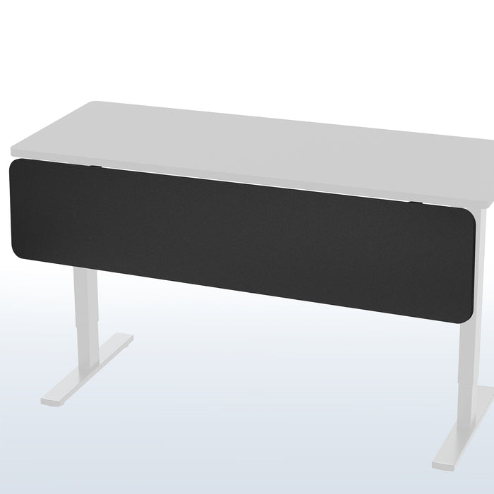 A black laminate modesty panel attached to a white desk with a white leg frame.