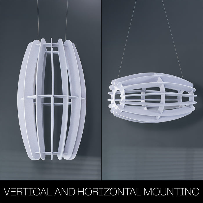 A large oval-shaped acoustic ceiling sound absorber in a light gray color that can be suspended in either a vertical or horizontal position.