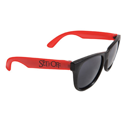 Black sunglasses with red arms. The left arm features the Set It Off name and logo printed in black letters.