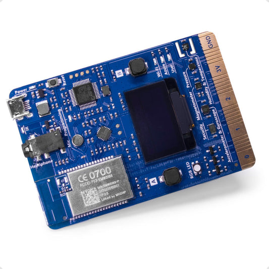 MXChip AZ3166 IoT DevKit with micro-USB, headphone jack, display, buttons, and sensors including accelerometer.