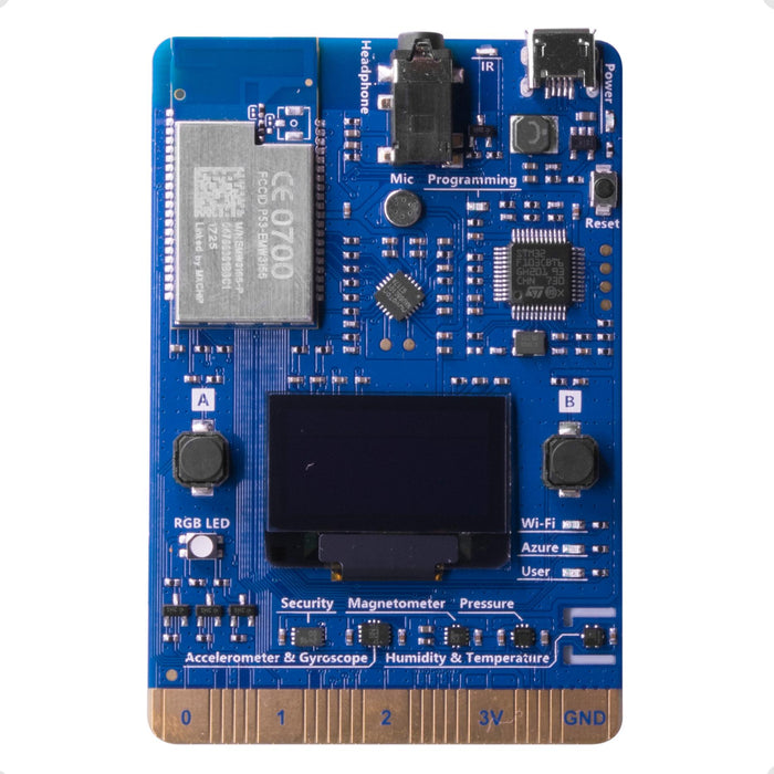 MXChip AZ3166 DevKit board with headphone, IR, power, mic, programming, reset, buttons A/B, sensors, and edge connector.