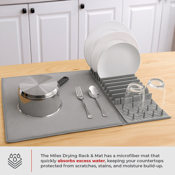 Milex Drying Rack & Mat – 2-in-1 Dish Drying Rack with Super-Absorbent Microfiber Mat