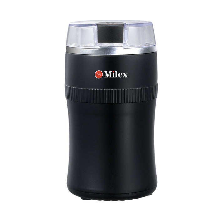A black Milex Multi-Grind coffee and spice grinder with a clear top compartment.