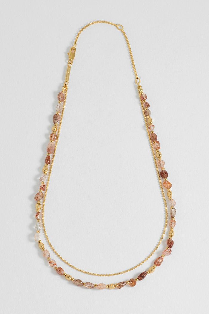 Mixed Gemstone Pebble Double Chain Necklace