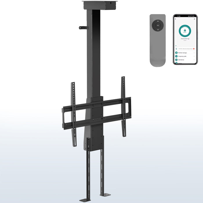 A motorized large TV mount with remote control, showing a flat panel TV attached to a ceiling mount with an extension pole.