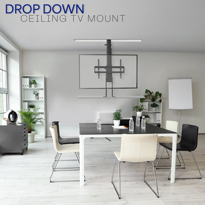A motorized large TV mount with remote control, showing a flat panel TV attached to a ceiling mount with an extension pole.
