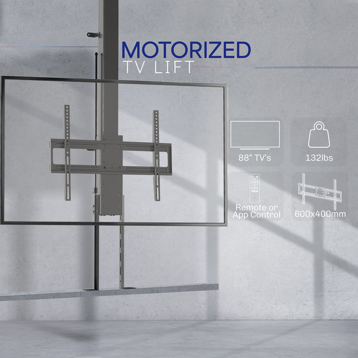A motorized large TV mount with remote control, showing a flat panel TV attached to a ceiling mount with an extension pole.
