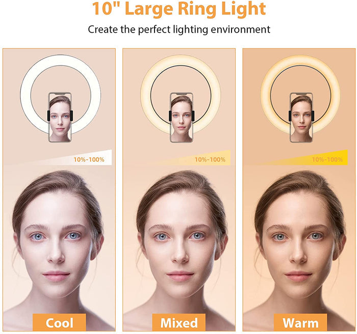The 10'' ring light with three light adjustments and brightness control can show changes in facial brightness.