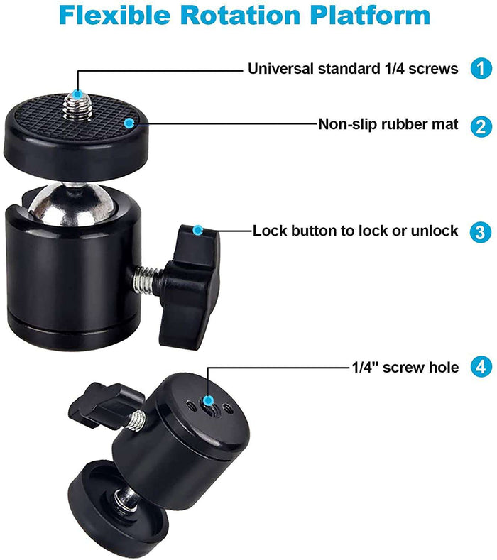A tripod is equipped with a 1/4'' screw, non-slip pad, 1/4'' screw hole, and locking clip.