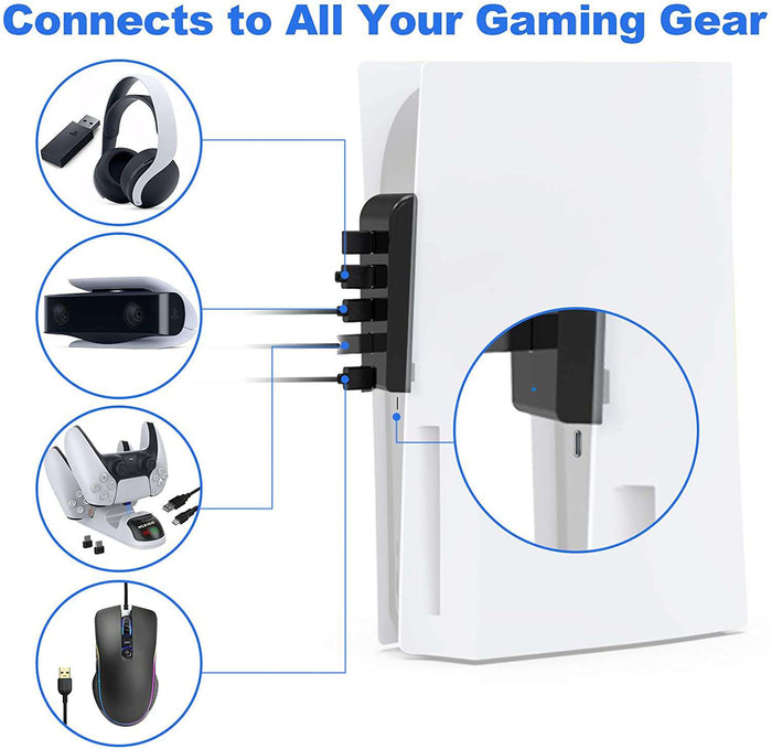 PS5 USB hub supports charging dock, mouse, and Bluetooth headset for convenient use.