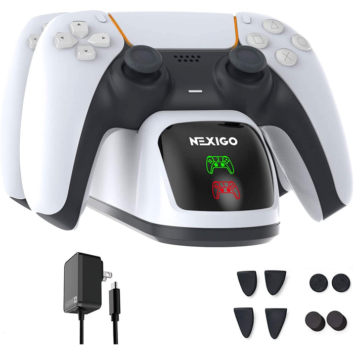PS5 Charging Station with LED indicators, power adapter, and thumb grips & trigger extenders