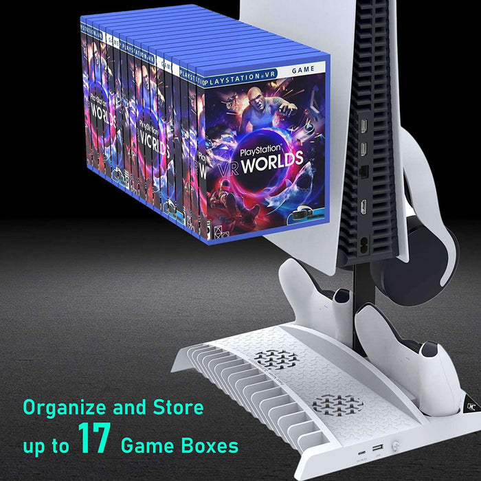 17 game discs gently sliding into the built-in disc holder of the charging dock.