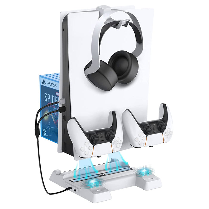 The vertical stand with a Y-shaped cable can cool the PS5 console and charge the controllers.