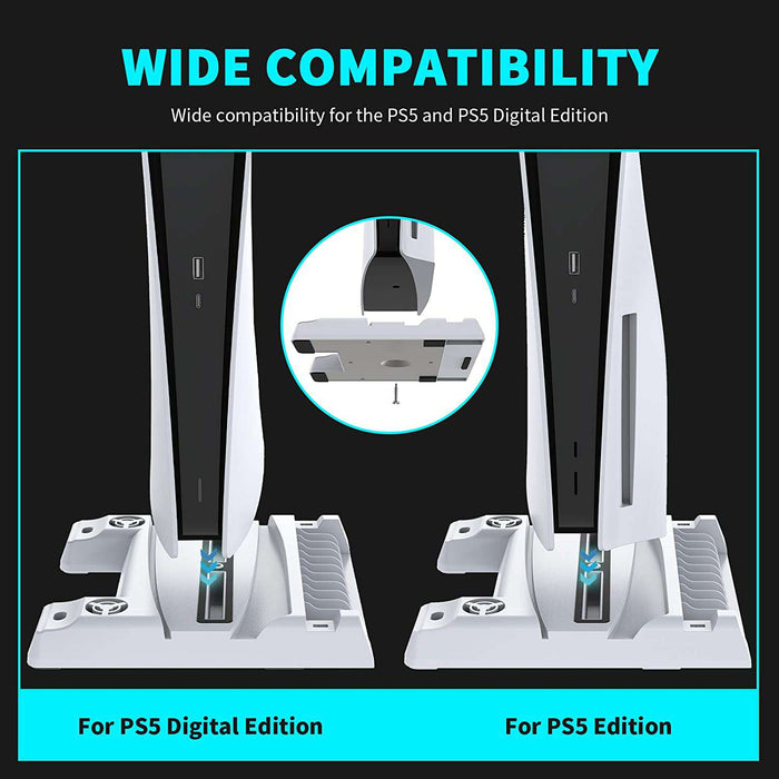 The horizontal stand is compatible with both the digital and disc versions of the PS5 console.