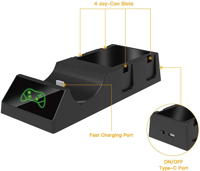Dock has four Joycon ports and a fast charging port.