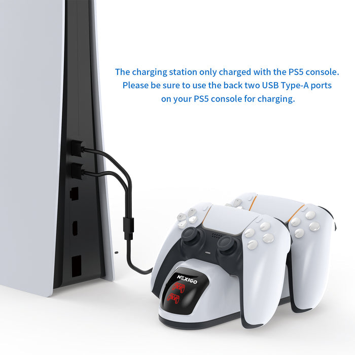 The charging dock is connected to the PS5 console using the Upgraded Dual USB cable.