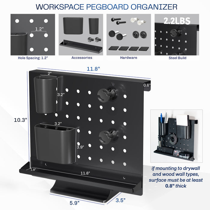 A black pegboard desk organizer with various slots and holders for office supplies and a mobile phone.