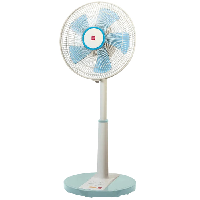 Stand fan with blue accents on a white background