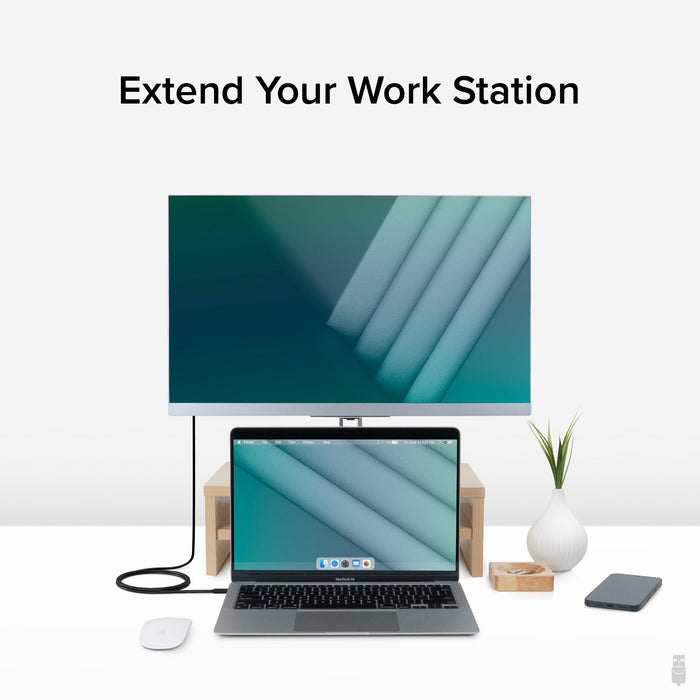 Plugable USBC-C100 cable connecting a laptop to an external monitor for a dual-display workstation setup.