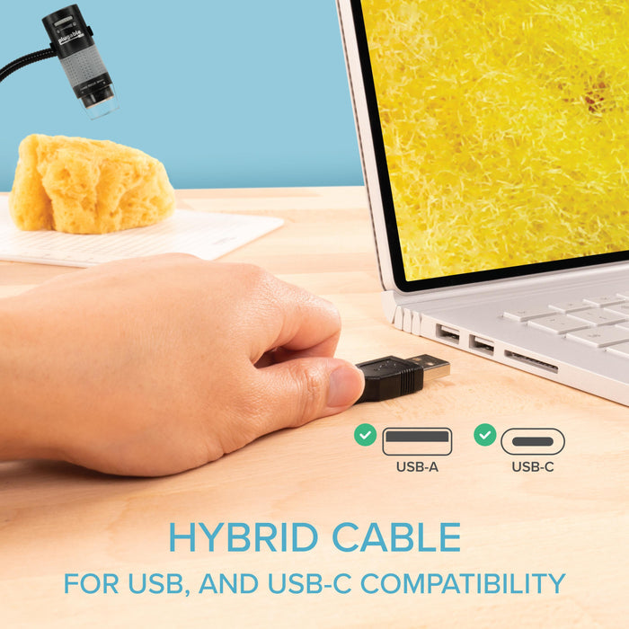 Plugable USB2-MICRO-250X hybrid cable showing compatibility with both USB-A and USB-C ports.
