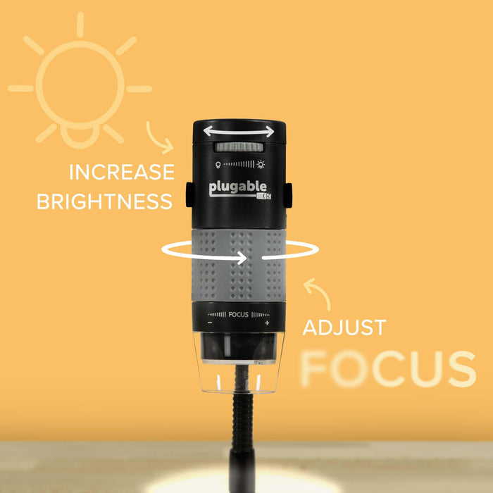 Plugable USB2-MICRO-250X showing top dial to increase brightness and middle grip ring to adjust focus.