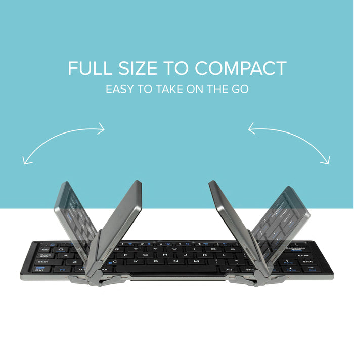 BT-KEY3 foldable Bluetooth keyboard shown in a partially folded state, demonstrating its compact design.