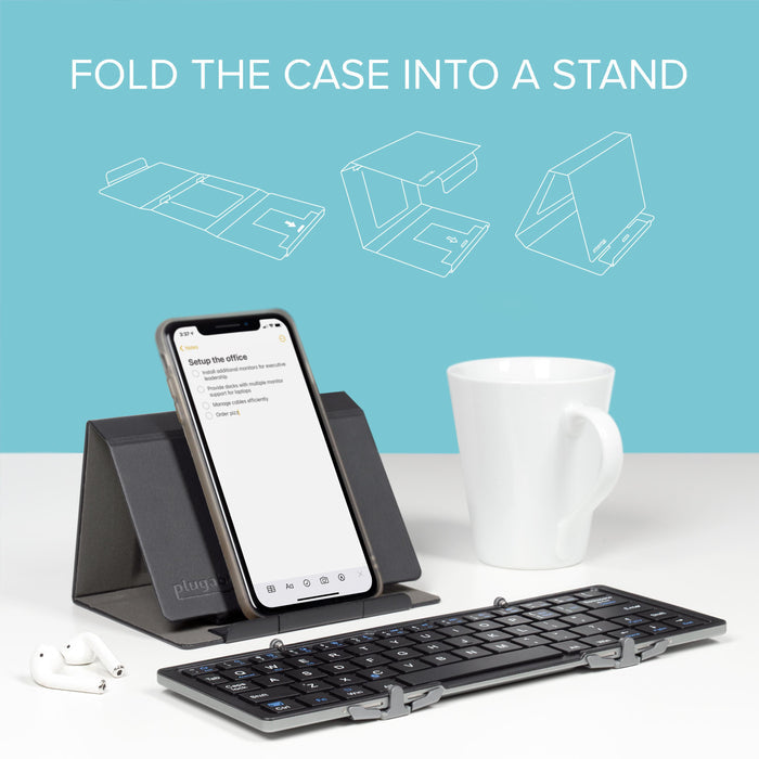 BT-KEY3 foldable keyboard case shown in three stages of assembly, converting from a flat cover into a device stand.