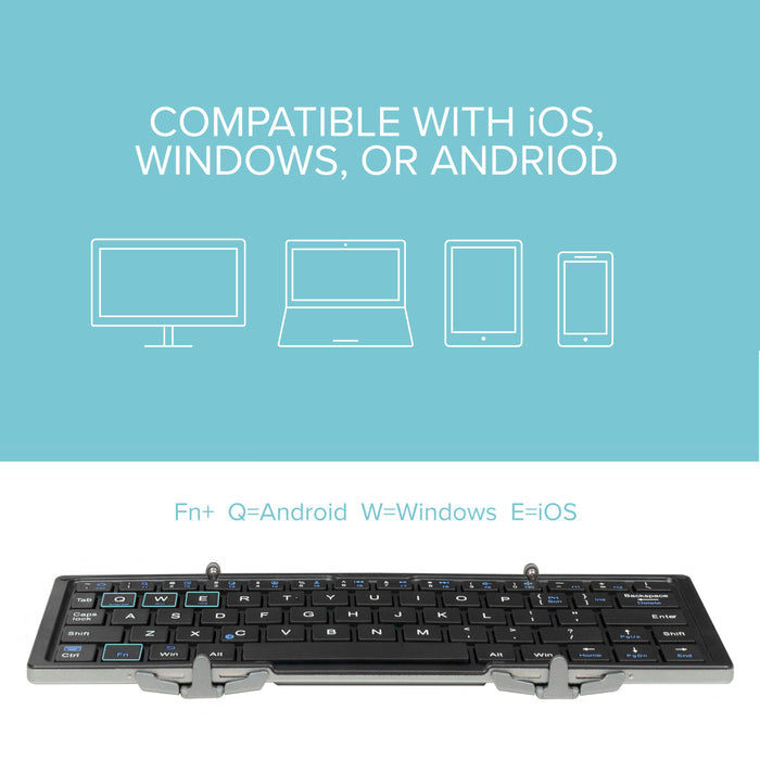 BT-KEY3 keyboard compatibility: Fn+Q for Android, Fn+W for Windows, Fn+E for iOS.