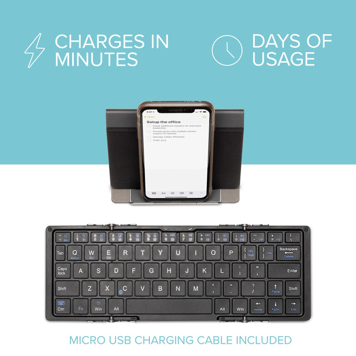 BT-KEY3 foldable keyboard with phone stand, featuring fast charging, long battery life, and included micro USB cable.