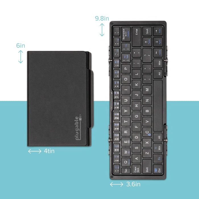 BT-KEY3 foldable keyboard dimensions: folded 6in x 4in, unfolded 9.8in x 3.6in.