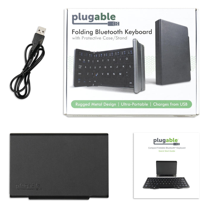 Plugable BT-KEY3 folding Bluetooth keyboard with protective case/stand, USB charging cable, and quick start guide.