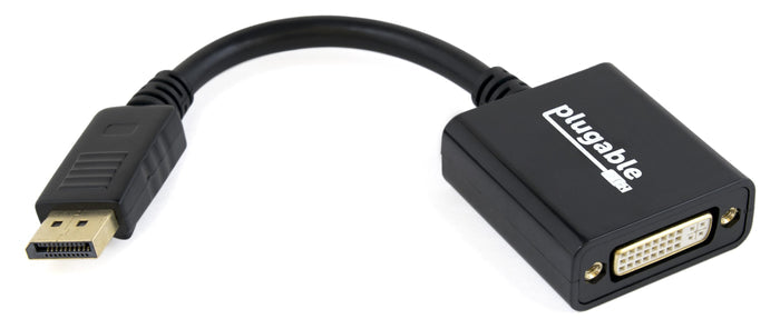 Plugable DisplayPort to DVI adapter with a male DisplayPort connector and a female DVI port.