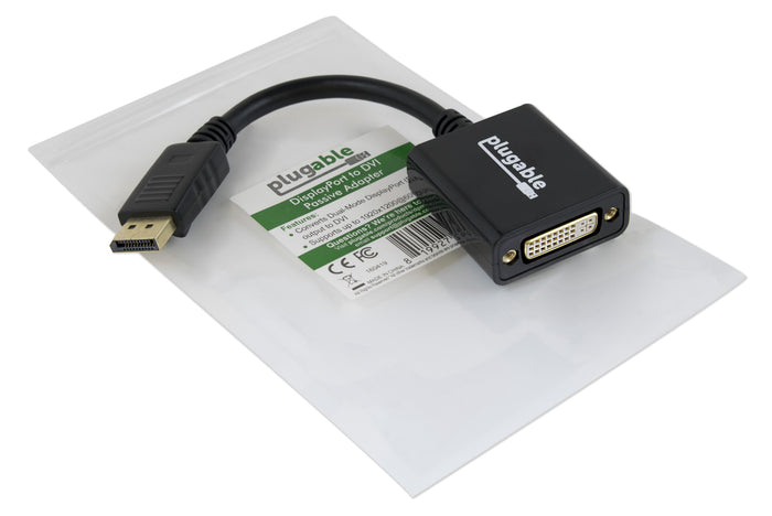 Plugable DisplayPort to DVI passive adapter converts Dual-Mode DisplayPort to DVI, supporting up to 1920x1200 at 60Hz.