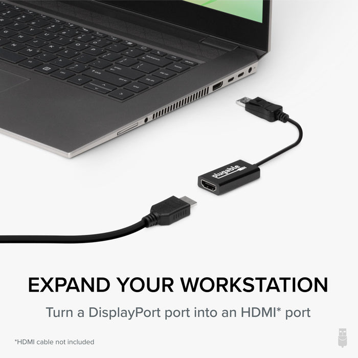 Plugable DP-HDMI adapter connecting a laptop DisplayPort to an HDMI cable. Text: Turn a DisplayPort port into an HDMI port.