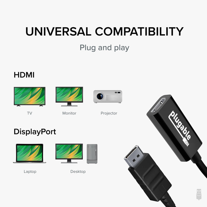 Plugable DP-HDMI adapter compatibility: connects DisplayPort laptops and desktops to HDMI TVs, monitors, and projectors.