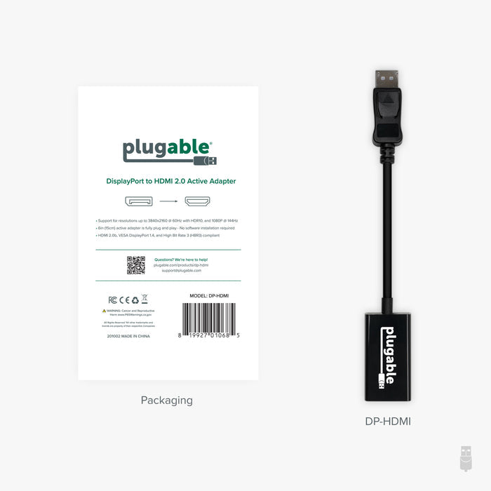 Plugable DP-HDMI active adapter: 6in cable, supports 4K 60Hz HDR10, 1080p 144Hz, HDMI 2.0b, and VESA DisplayPort 1.4.