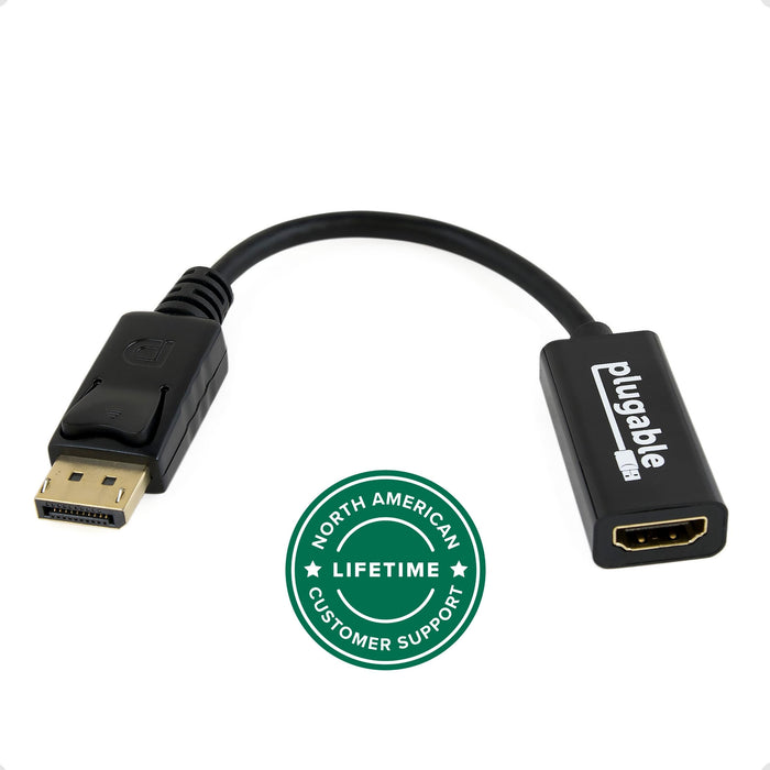 Plugable DisplayPort to HDMI passive adapter with North American lifetime customer support badge.