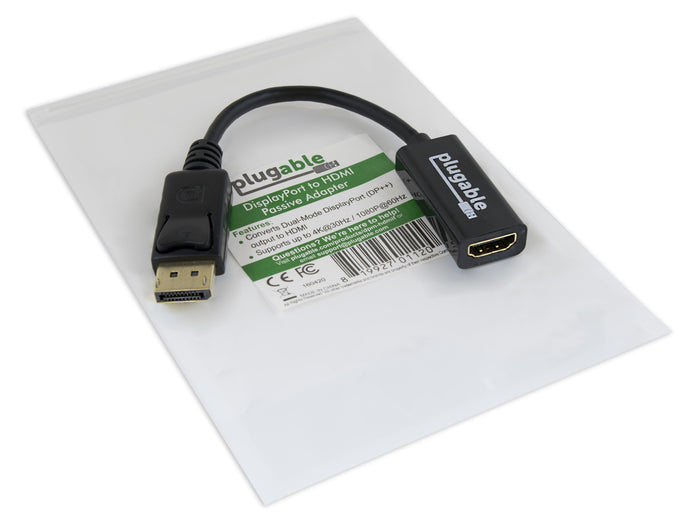 Plugable Passive DisplayPort to HDMI Adapter converts Dual-Mode DisplayPort (DP++) to HDMI, supporting 4K@30Hz/1080P@60Hz.