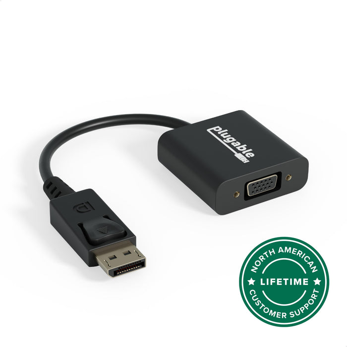 Plugable DPM-VGAF DisplayPort to VGA adapter with latching connector and North American lifetime customer support.