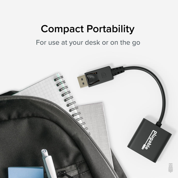 Plugable DPM-VGAF DisplayPort to VGA adapter shown with a backpack, highlighting its compact, portable design.