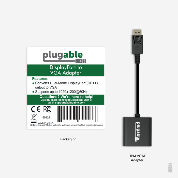 DPM-VGAF DisplayPort to VGA adapter converts DP++ output to VGA, supporting resolutions up to 1920x1200 at 60Hz.