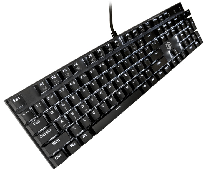 Plugable USB-MECH104BW full-size 104-key wired mechanical keyboard with white LED backlighting.