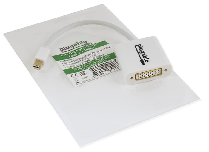 Plugable Mini DisplayPort to DVI passive adapter. Converts Mini DisplayPort (DP++) to DVI. Supports up to 1920x1200@60Hz.