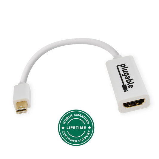 Plugable Mini DisplayPort to HDMI adapter with North American lifetime customer support badge.