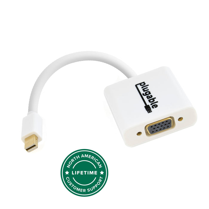 Plugable Mini DisplayPort to VGA adapter with North American lifetime customer support badge.