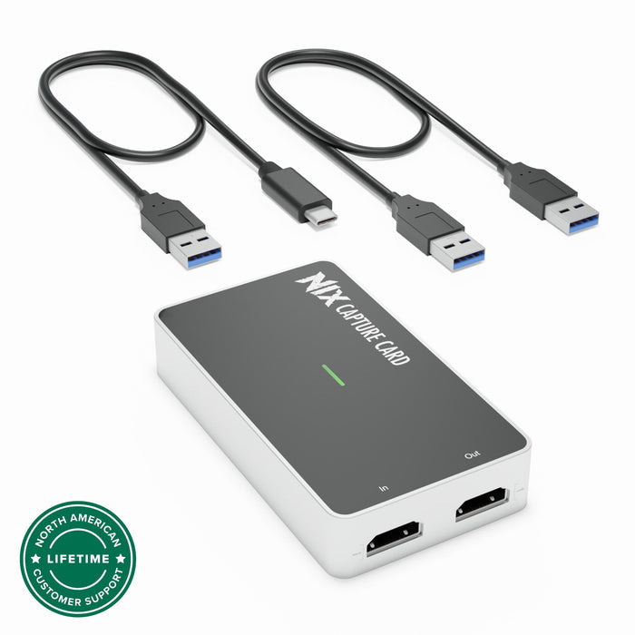 Plugable USBC-CAP60 HDMI capture card with In and Out ports, USB-A to USB-C and USB-A to USB-A cables, lifetime support.